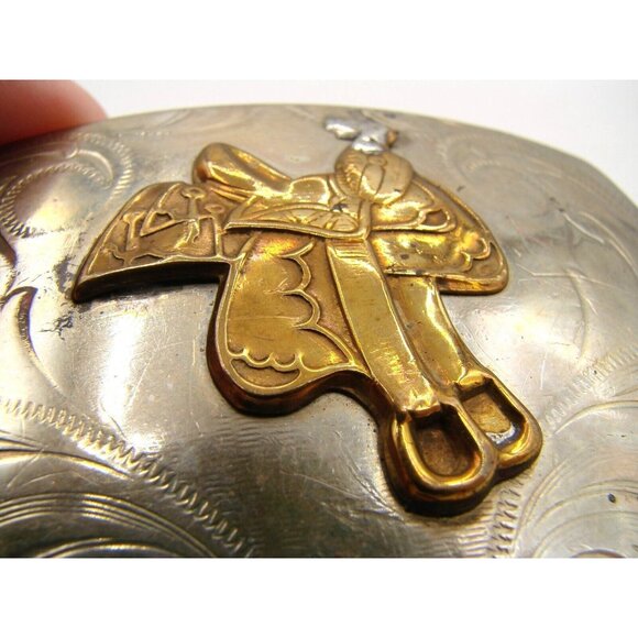 Justin Nickel Silver Gold Saddle Belt Buckle Western Ranch Roping Bullriding Vtg - Picture 9 of 9